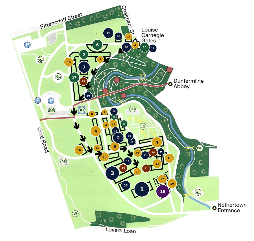 Festival map of Pittencrieff Park showing 31 numbered attractions across four arenas: the Medieval Arena, Kids Zone, Community Arena at the Louise Carnegie Gates, and the evening Music Zone